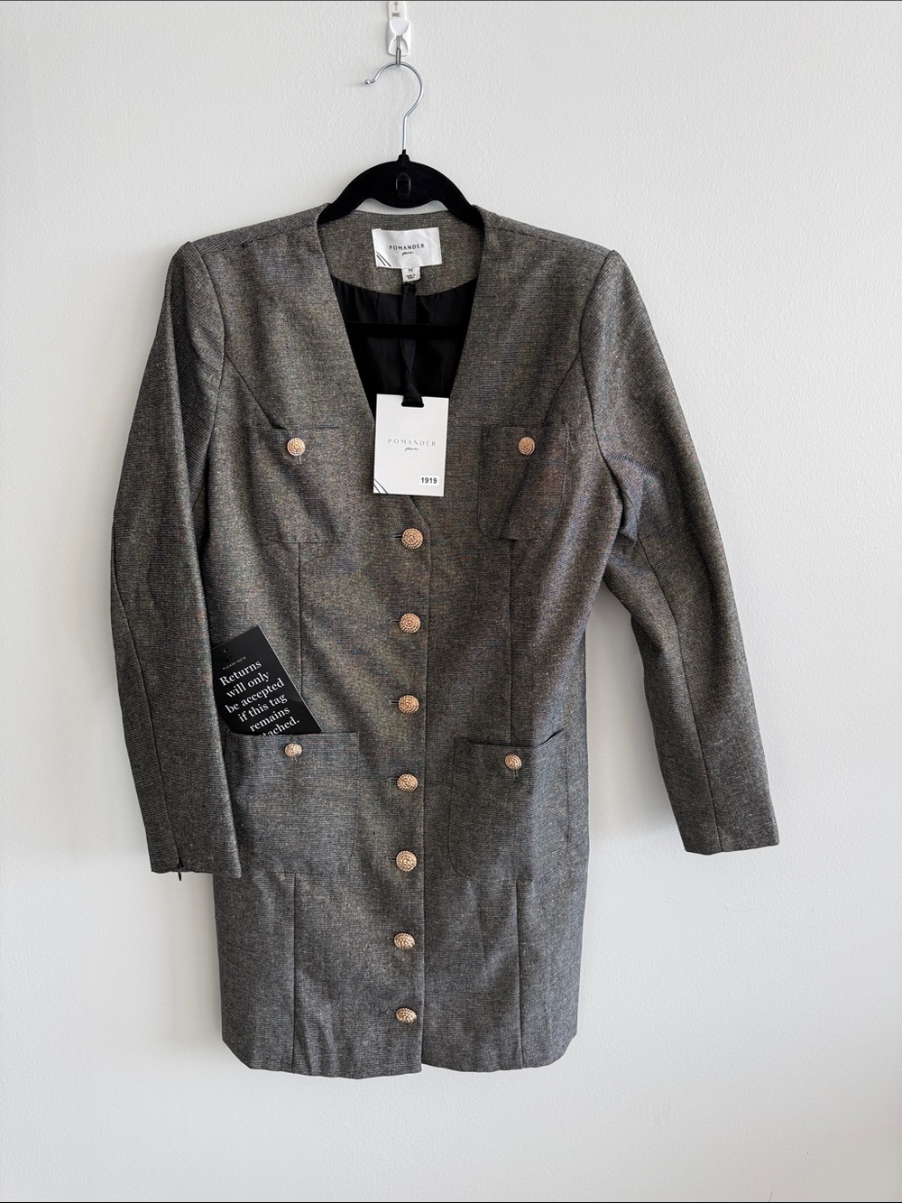 Pomander Place Charcoal Gray Long Tailored Blazer with Gold Buttons NWT